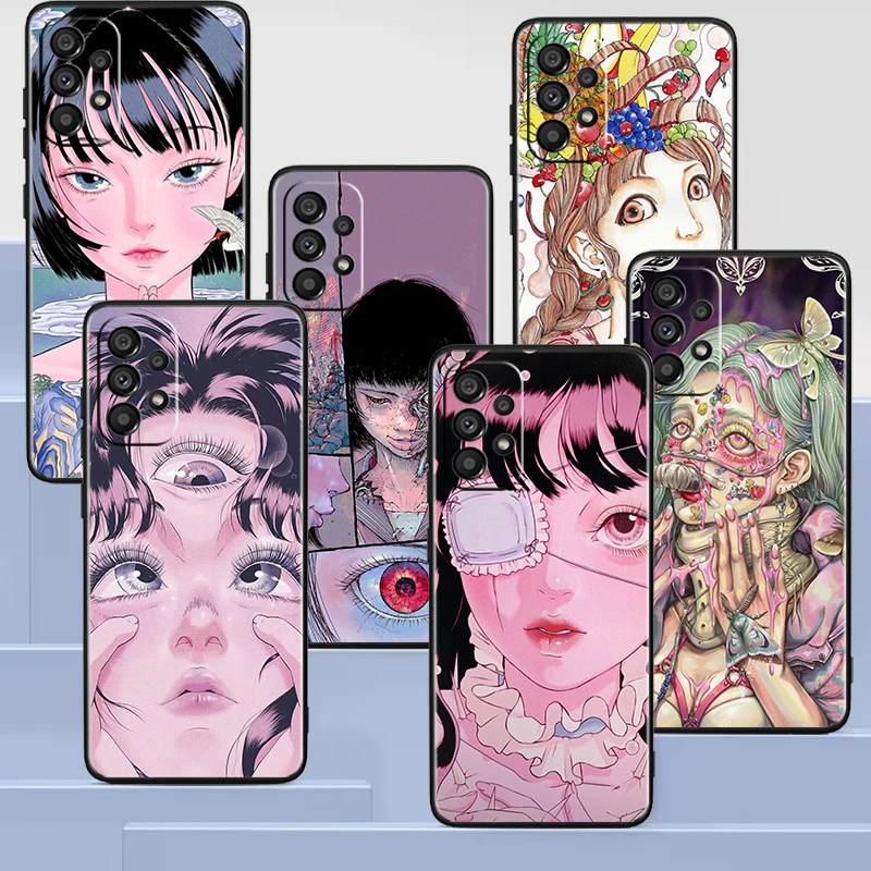

shintaro kago Horror cartoons Black Phone Case For Samsung A73 A72 A71 A54 A53 A13 A52 A51 A33 A32 A23 A21S A04 A03 5G