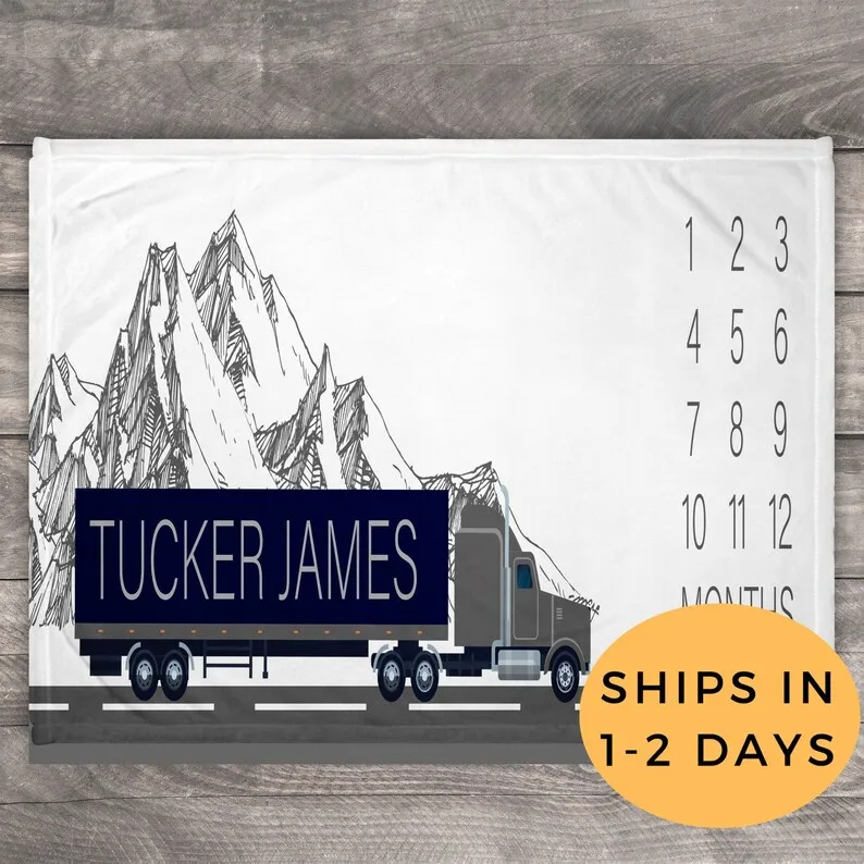 

Semi Truck, Milestone Blanket Boy, Personalized Milestone Blanket. Custom Baby Growth Chart, Photo Blanket, Truck Nursery, Month