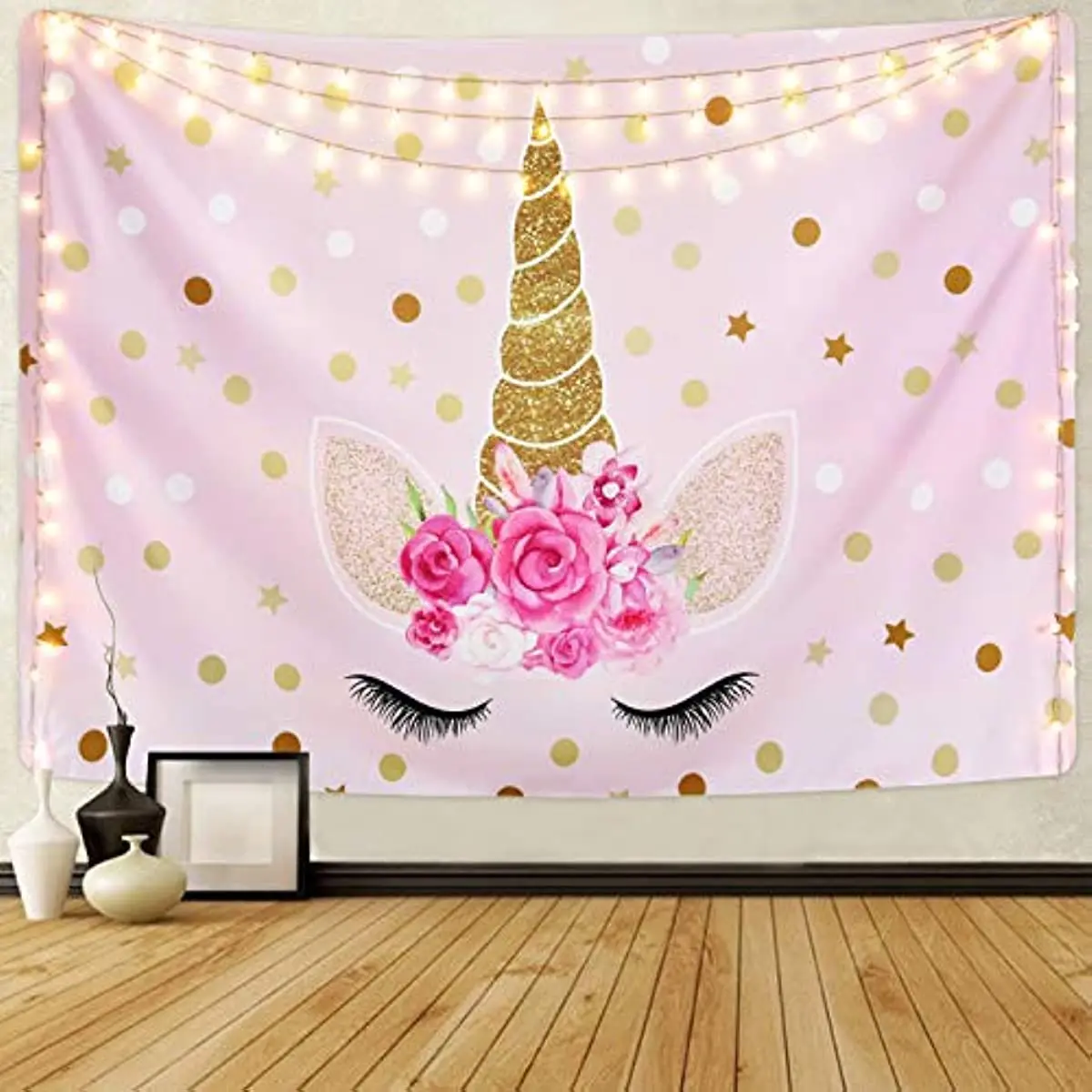 

Glittering Unicorn Head and Flowers Pink Unicorn Wall Tapestry Wall Hanging Suitable for Daughter Girl Child Theme Room Tapestry