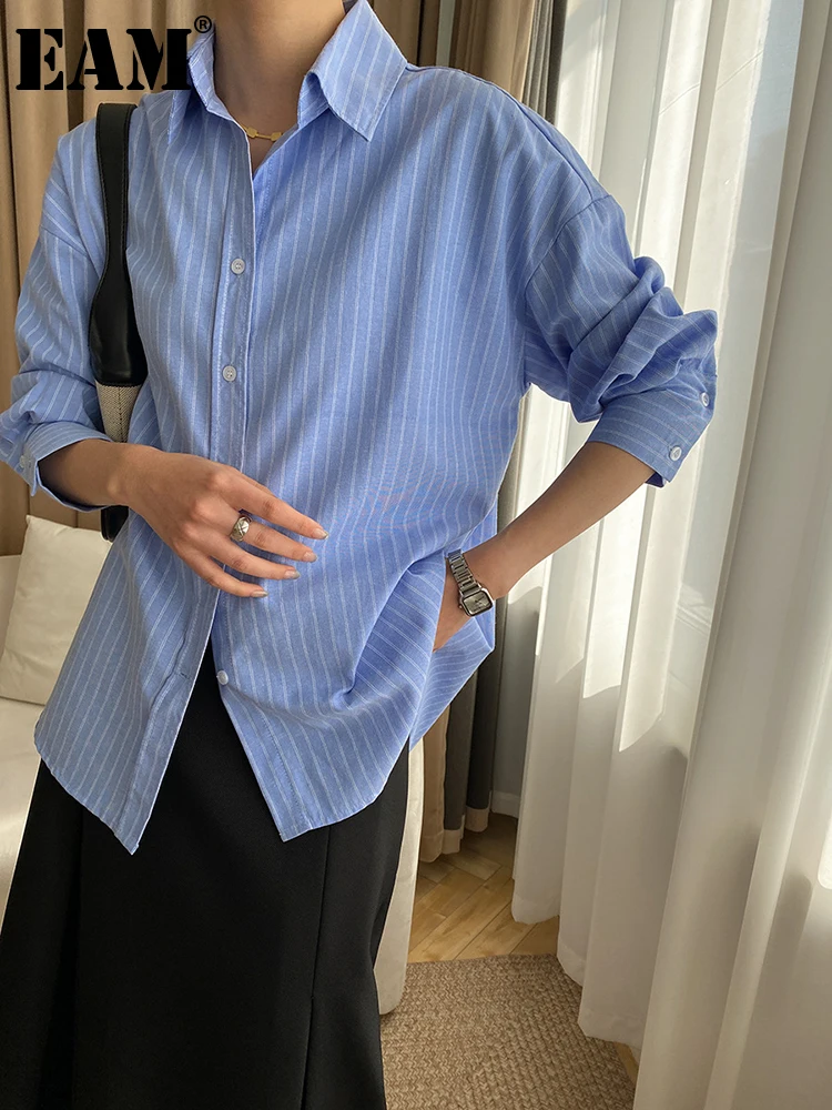 

[EAM] Женская Повседневная Блузка в синюю полоску большого размера, новая свободная рубашка с длинными рукавами и отворотом, модная весенне-осенняя 2023 1DF7504