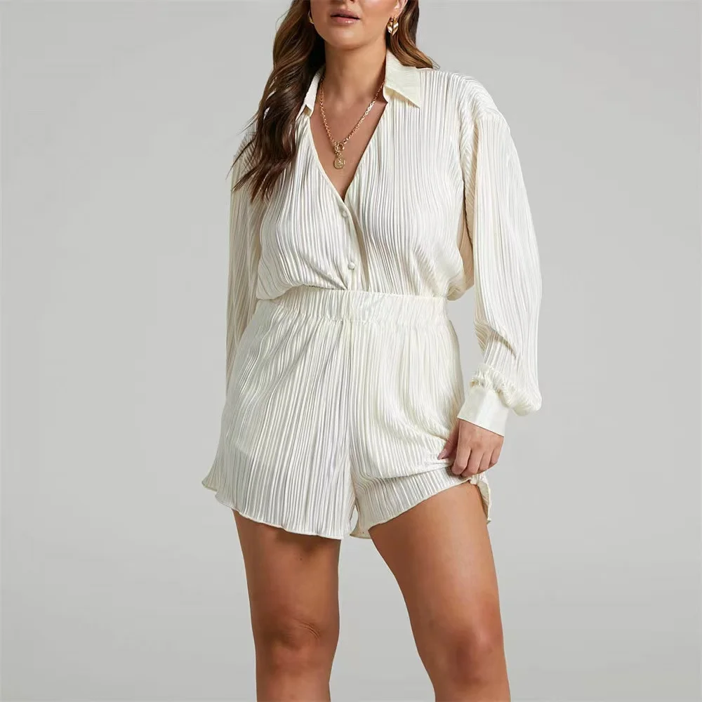 

2 Piece Women Summer Pants Set Pleated Solid Color Long Sleeve Lapel Shirt + High Waist Shorts