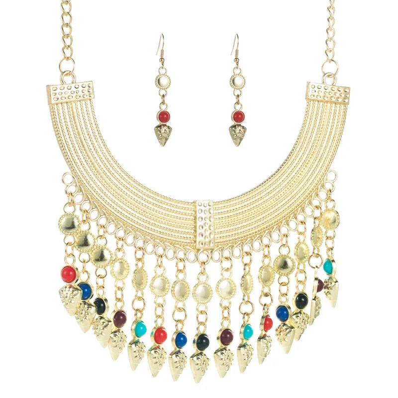 

Gold Bohemia Jewelry Sets for Vacation Rainbow Long Tassel Beads Ethnic Necklace Earrings Gold Boho Jewelry Sets Colorful Collar