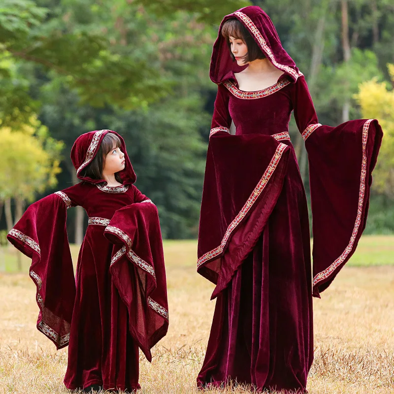 

Vintage Medieval Court Dress Parent-Child Outfits Red Robe Wizard Renaissance Halloween Cosplay Women Costume for Kids Adults