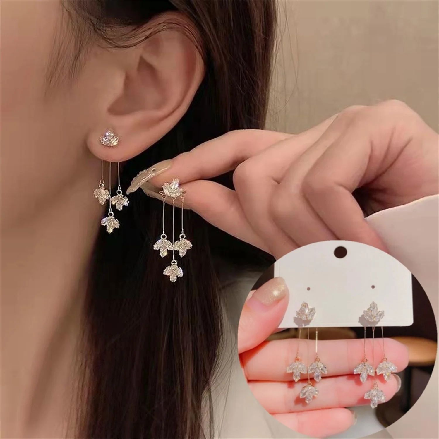 

New Fashion Trend Unique Design Elegant Delicate Light Luxury Maple Leaf Zircon Tassel Earrings Women Jewelry Party Premium Gift