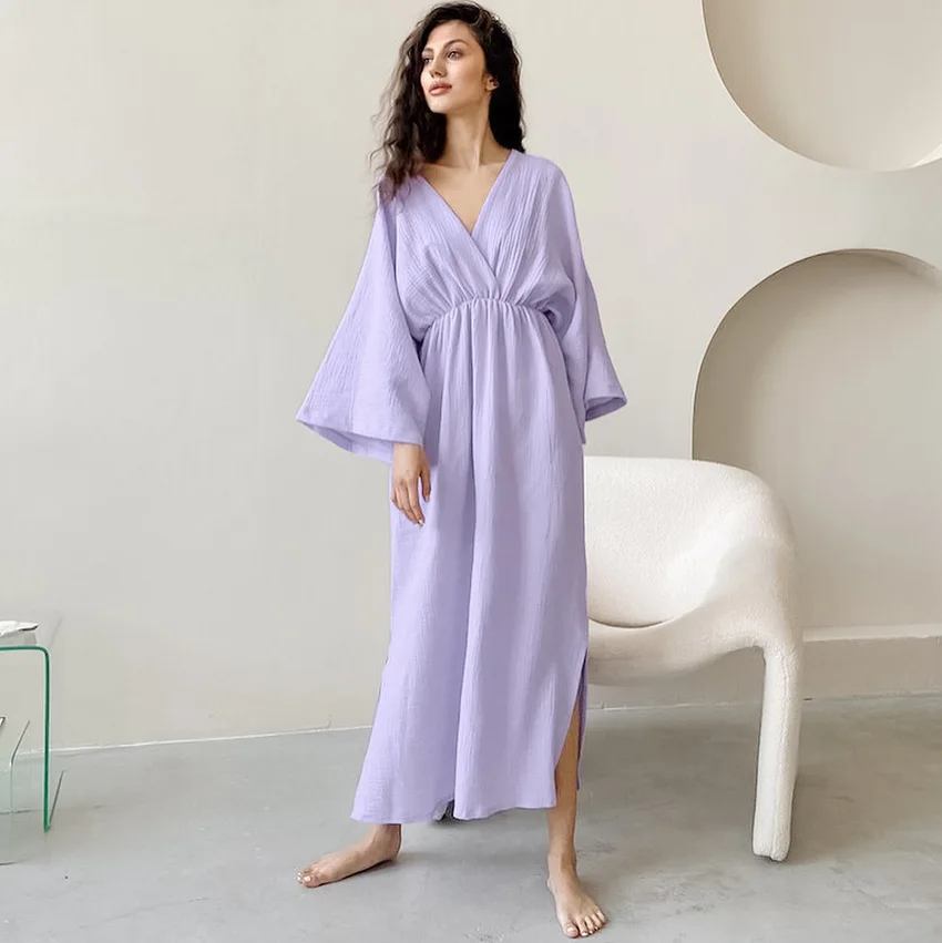 

Muslin 100% Cotton Gauze Dress For Women Sexy V-neck Long Sleeve Purple Chic And Elegant Long Birthday Party Maxi Sundress Robe