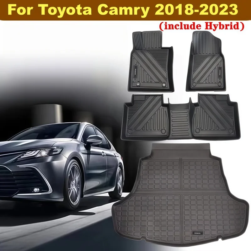 Фото Коврики TPE для Toyota Camry 2018, 2019, 2021, 2022, 2023 годов выпуска, всепогодные, для 2-х рядов сидений и багажника, резиновые (включая гибридные версии) №1