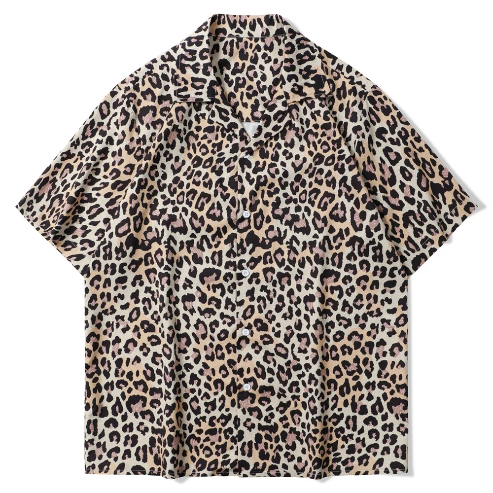 

Male Fashion Harajuku Shirts Hip Hop Casual Leopard Print Short Sleeve Shirt Men Street 2022 Hawaii Beach Oversize Shirt for Men