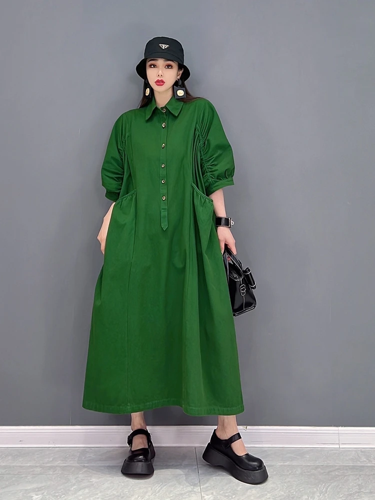 

SuperAen 2022 Spring New Fashion Casual Turn Down Collar Cotton Linen Puff Sleeve A-LINE Ankle-Length Dresses for Women