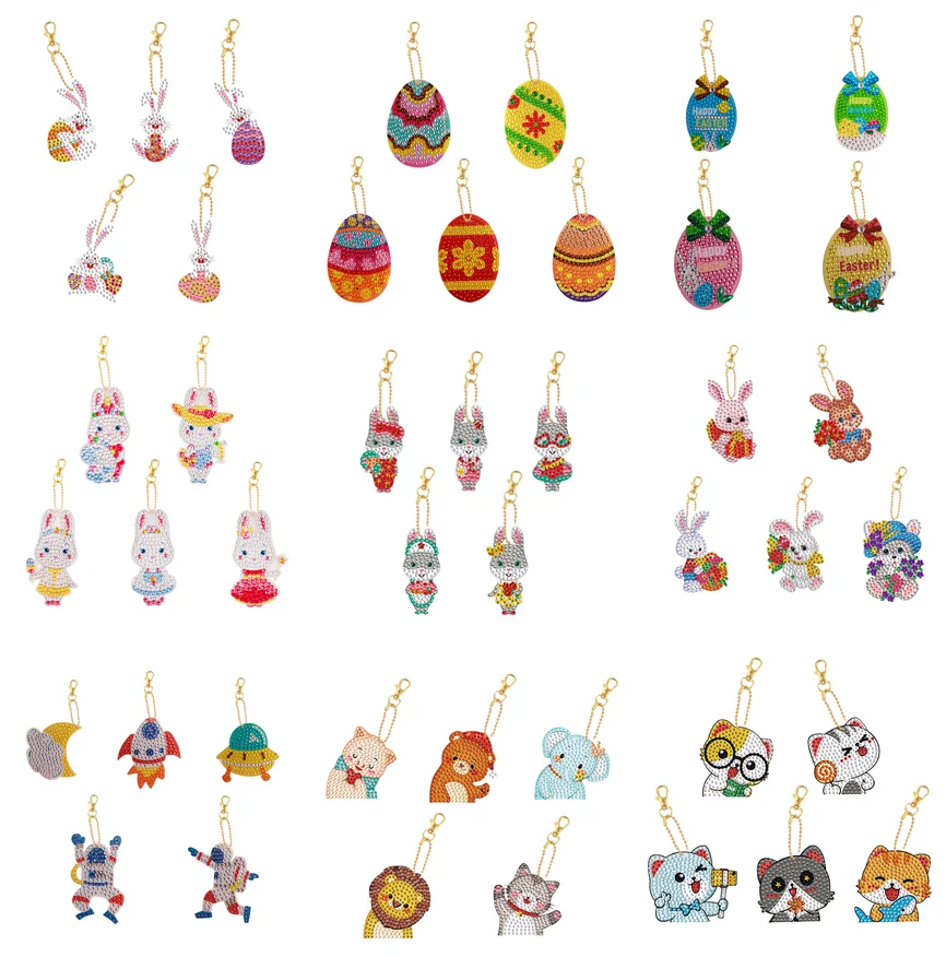 5Pcs DIY Diamond Painting Keychain Pendant Easter Cartoon Animal Rabbit Cat Embroidery Astronaut Keyring Woman Bag Decoration