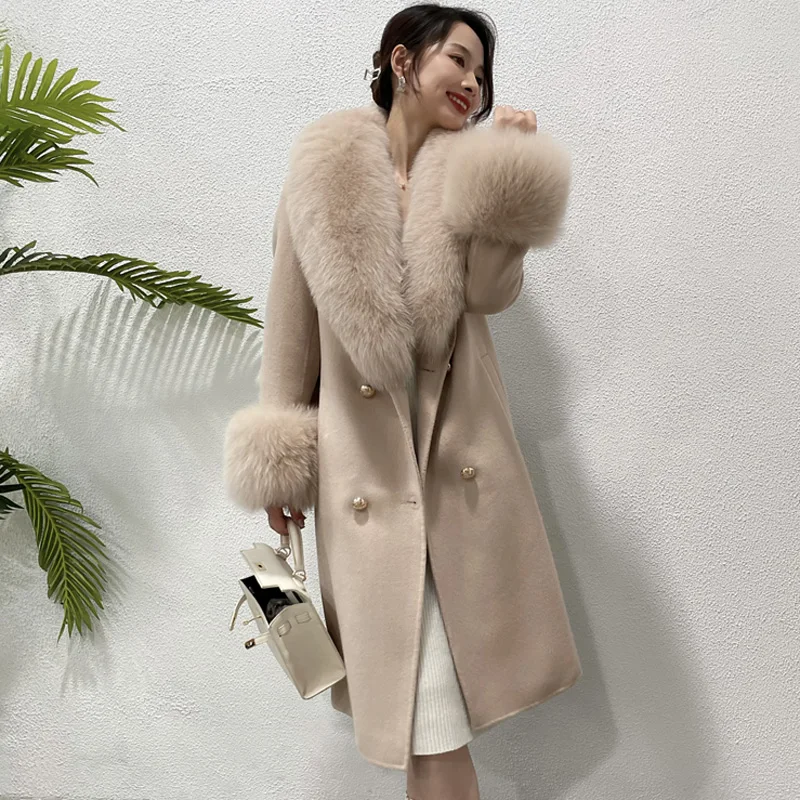 Cashmere Jacket Autumn Winter Jacket Women Real Fur Coat Large Fox Fur Collar Long Belt Wool Blends Overcoat Fashion Streetwear