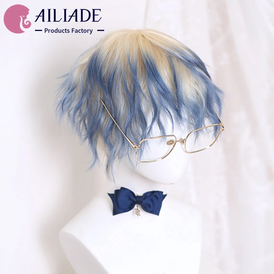 AILIADE Synthetic Short Curly Wigs for Men Boys Blonde Blue Dark Green Hair Heat Resistant Daily Party Anime Cosplay Wig