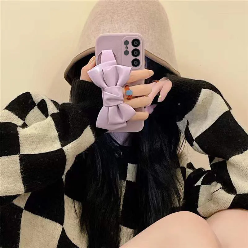 

s22 ultra Case Cute Leather Bowknot Cases For Samsung Galaxy S20 Note 20 Ultra 10 S21 FE Wrist Band Shockproof Soft Back Cover
