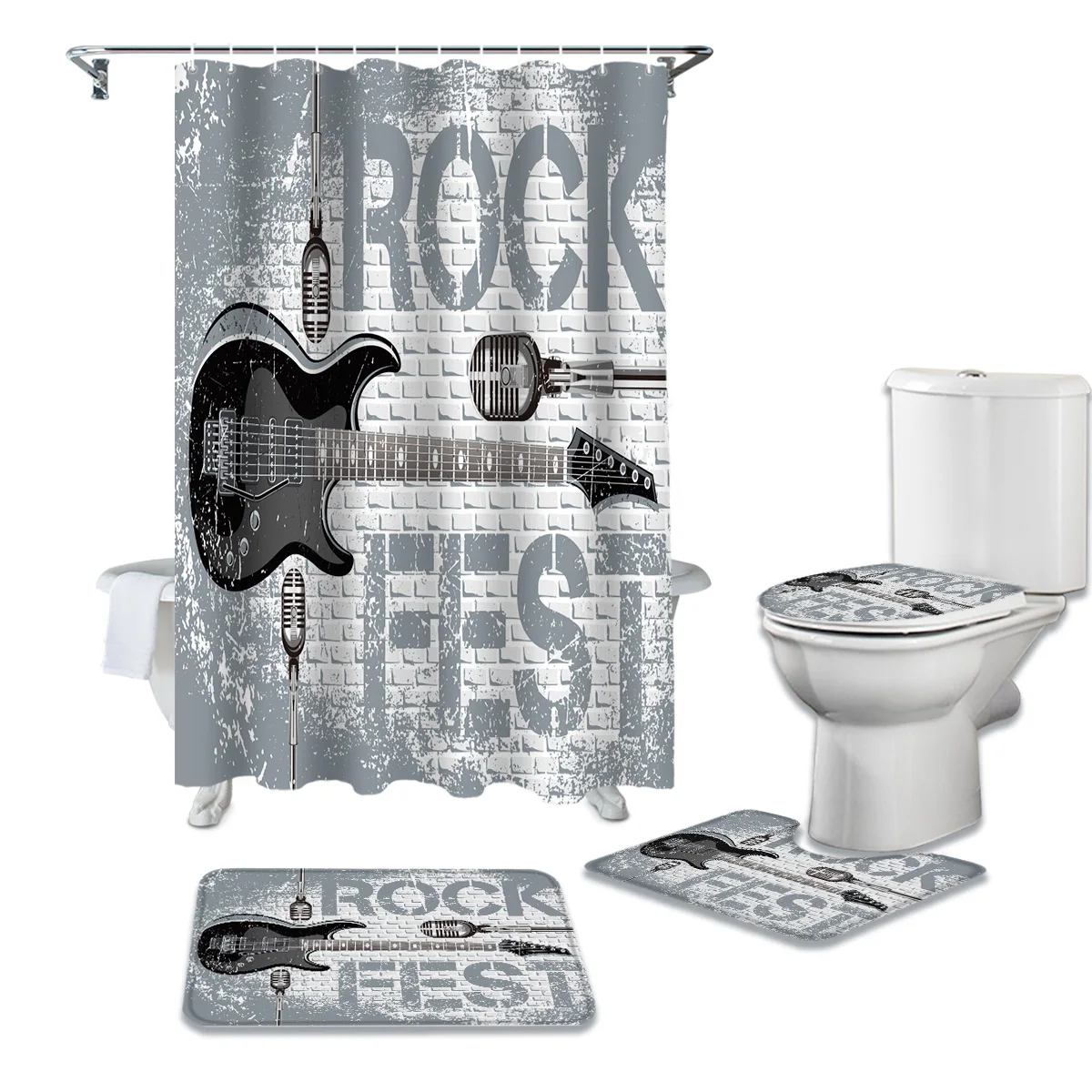 

Rock Guitar Music Shower Curtain Set Carpet Cover Toilet Cover Bathroom Mat Bathroom Household