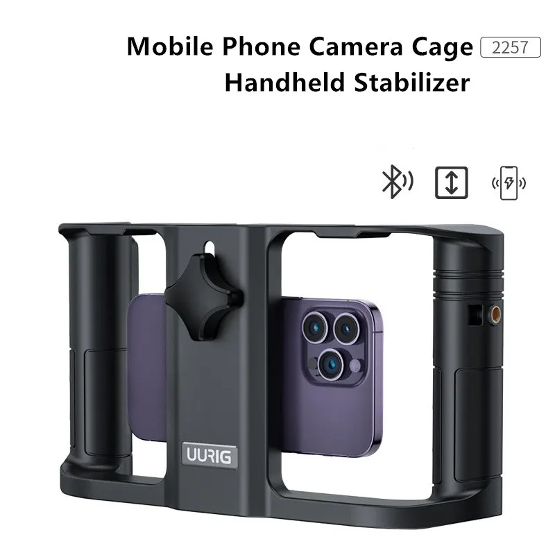 

UURIG Phone Camera Cage Stabilizer with Wireless Charging 1/4 Screw Phone Holder for Iphone Android Fill Light Mic Video