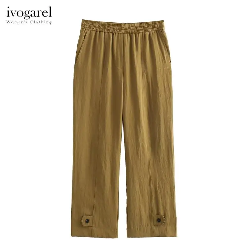 

Ivogarel Carrot Fit Trousers with Hem Tabs Women's High-Waist Elastic Waistband Pants with Front Pockets Visible Seam Details