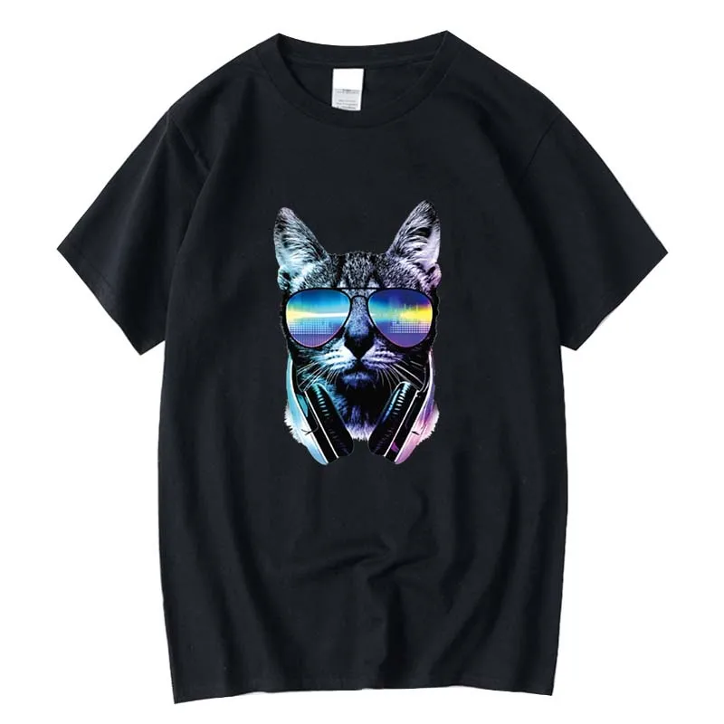 

Men's top quality 100% cotton Funny DJ cat print T shirt loose summer Knitted fabric men tshirt o-neck t-shirt male tees tops