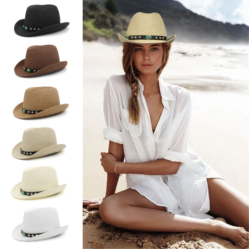 

Men Women Summer Solid Straw Homburg Hats Classical Retro Fedora Caps Trilby Sunhat Party Beach Travel Outdoor Adjustable Size