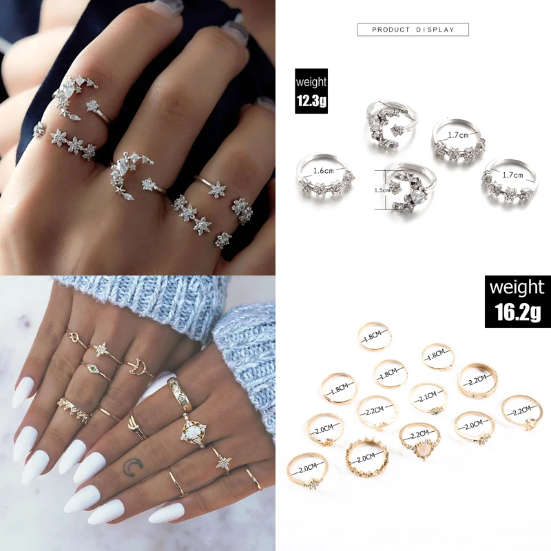 

30 Styles Bohemian Punk Retro Finger Rings Set Crystal Geometric Finger Rings Snake Water Drop Diamond Alloy Party Ring Set