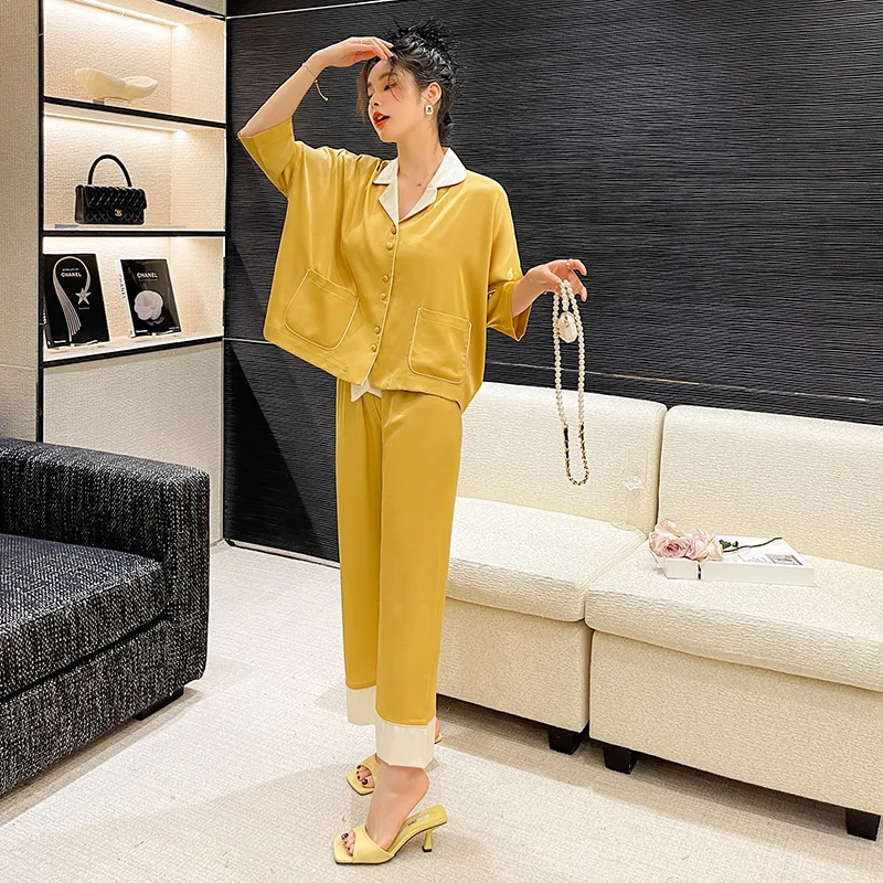 2022 women's pajamas ice silk long-sleeved suit solid color home wear women clothing sets summer plus size