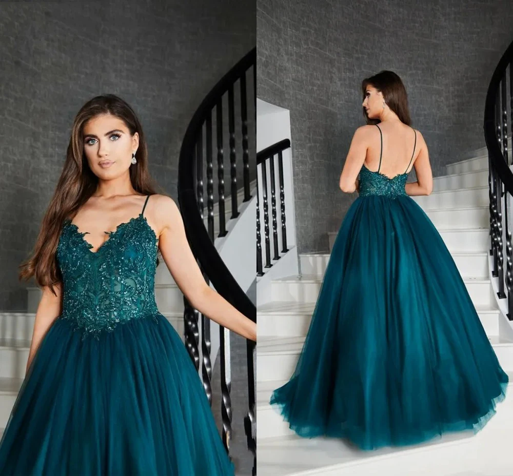Msikoods Hunter Greeen Tulle Prom Dresses Lace Appliqued Spaghetti Straps Evening Celebrity Gowns Special Occasion Dress