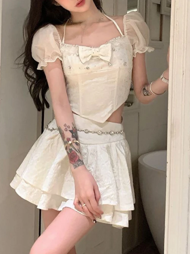 

Женский элегантный костюм из двух предметов, Милая Мини-юбка с бантом и принтом, модная юбка с пышными рукавами, костюм в Корейском стиле, Новинка лета 2023