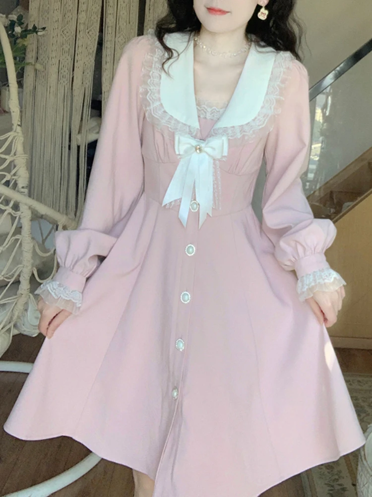 

Зимнее розовое милое платье Kawaii, женское кружевное корейское элегантное сказочное платье с круглым воротником и длинным рукавом, французск...