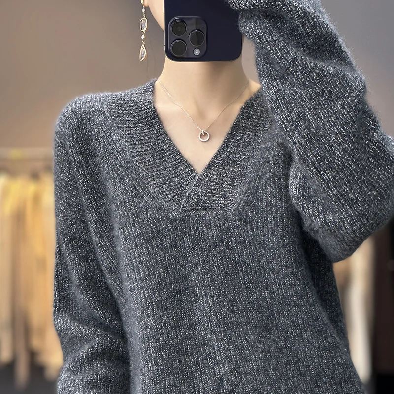 

Женский трикотажный пуловер, однотонный свободный свитер с V-образным вырезом, Осень-зима 2022