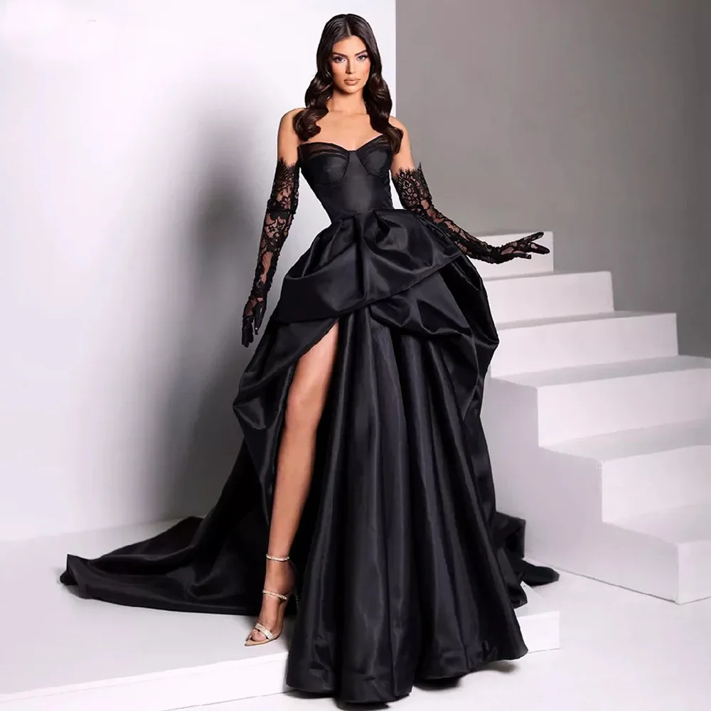 

Sexy Black Swan Prom Party Gowns Side Split Puffy Skirt Evening Dance Dresses Off Shoulder Princess Luxury Cocktail Dress Satin