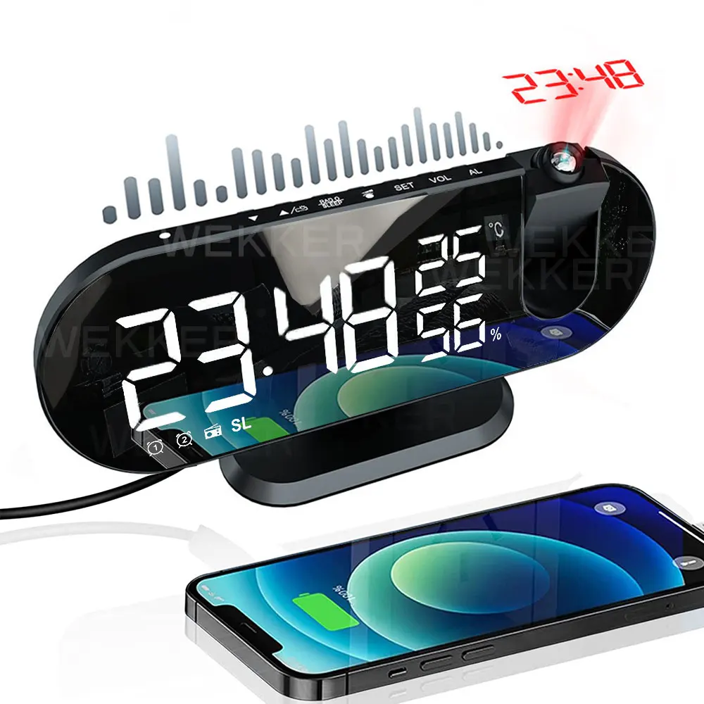 

FM Radio LED Digital Smart Alarm Clock Watch Table Electronic Desktop Clocks USB Wake Up Clock with 180° Time Projector Snooze