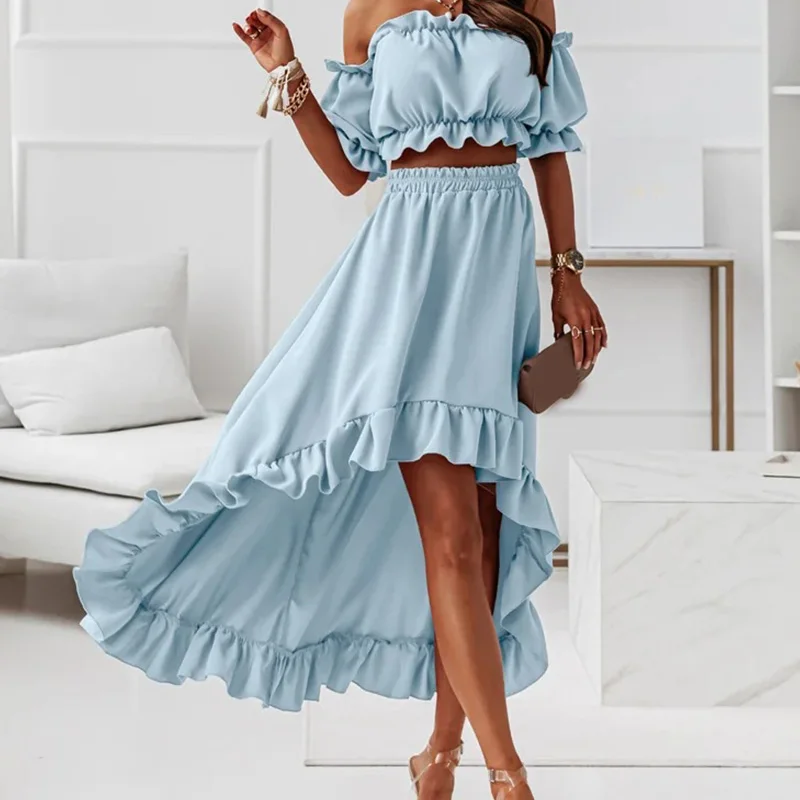 

2PCS Set Ruffle Crop Tops Maxi Skirt Set Summer Women Dress Sexy Off Shoulder Dress Suit Women Frill Short Sleeve Dress Suit
