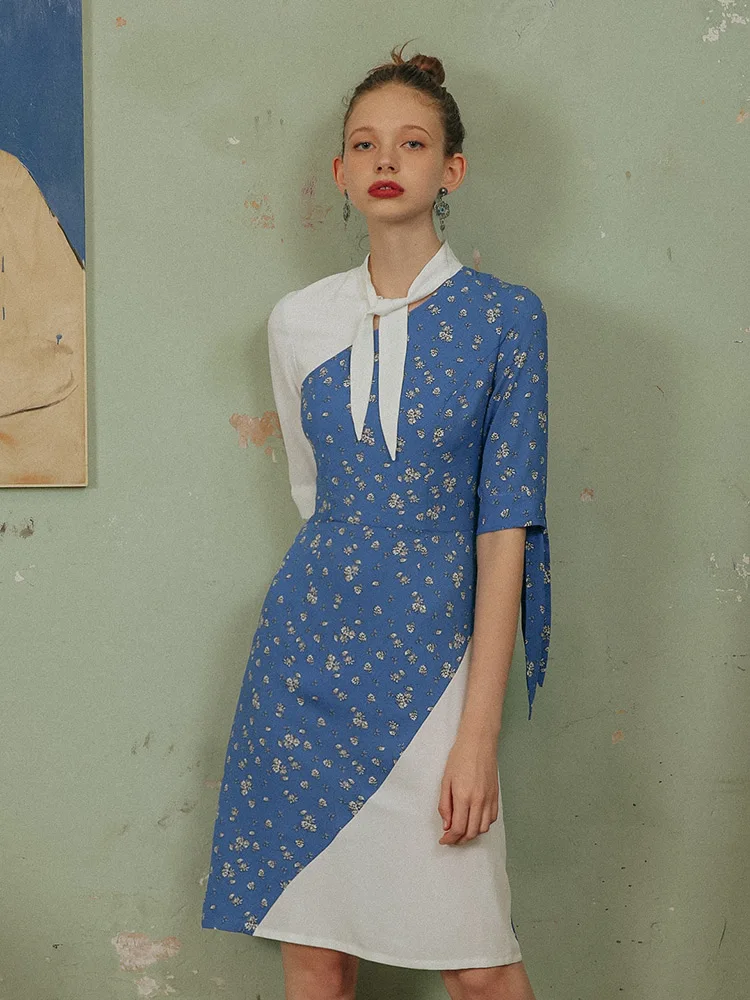 

AIGYPTOS Dresses For Women Spring Summer Elegant Slim Bow Lace Up Collar Floral Print Blue White Patchwork Korean Short Dress
