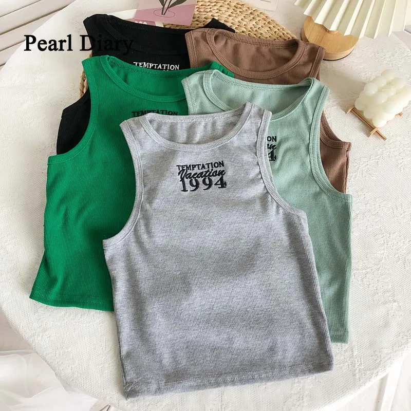 

Pearl Diary New Style Round Collar Short Knitwear Letter Embroidery Camisole Top Women Elasticity Seeveless Tank Top