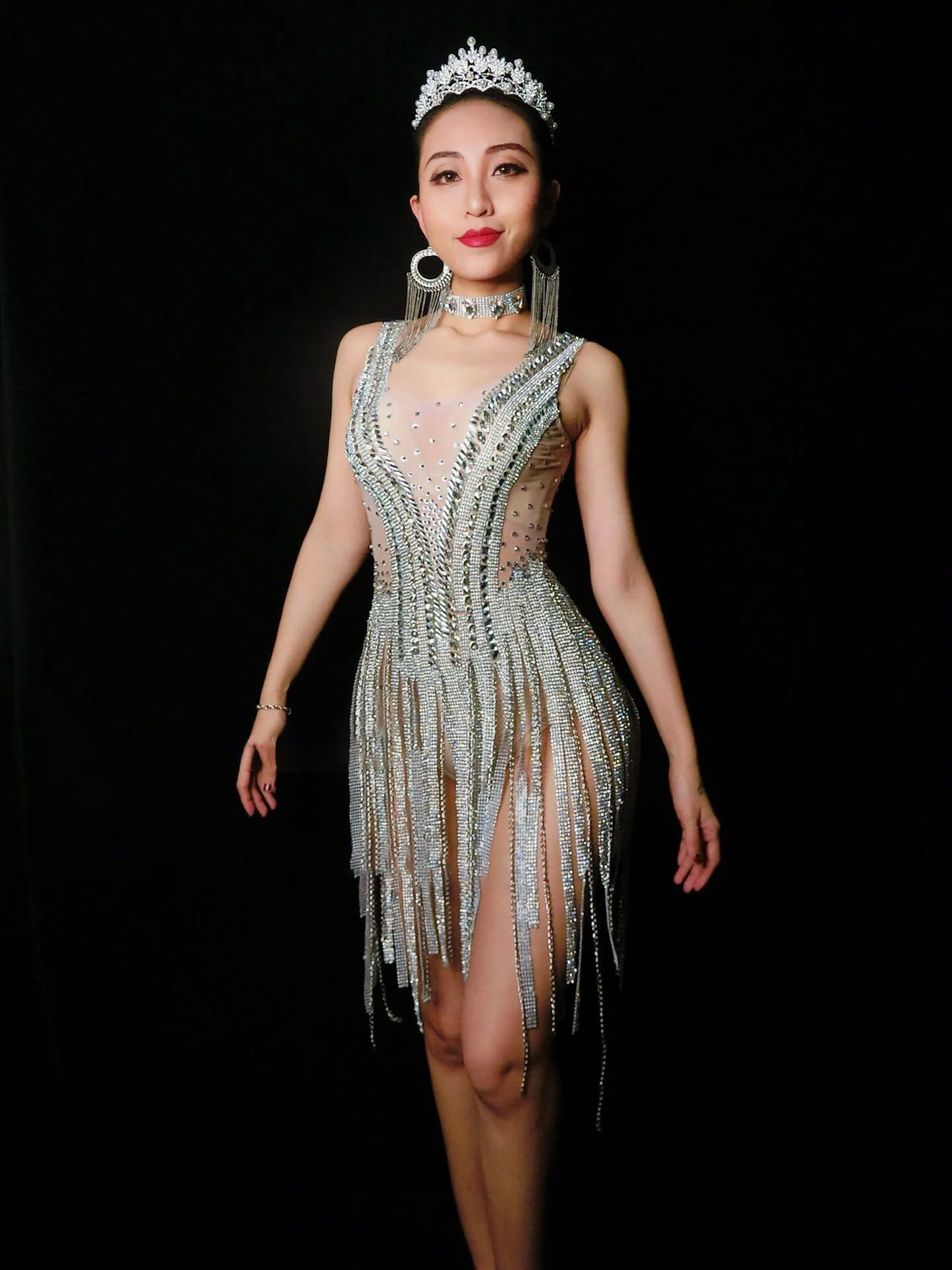 

Costumes Nightclub bar full drill sleeveless tassel jumpsuit female song DjDs dance team gogo costumes