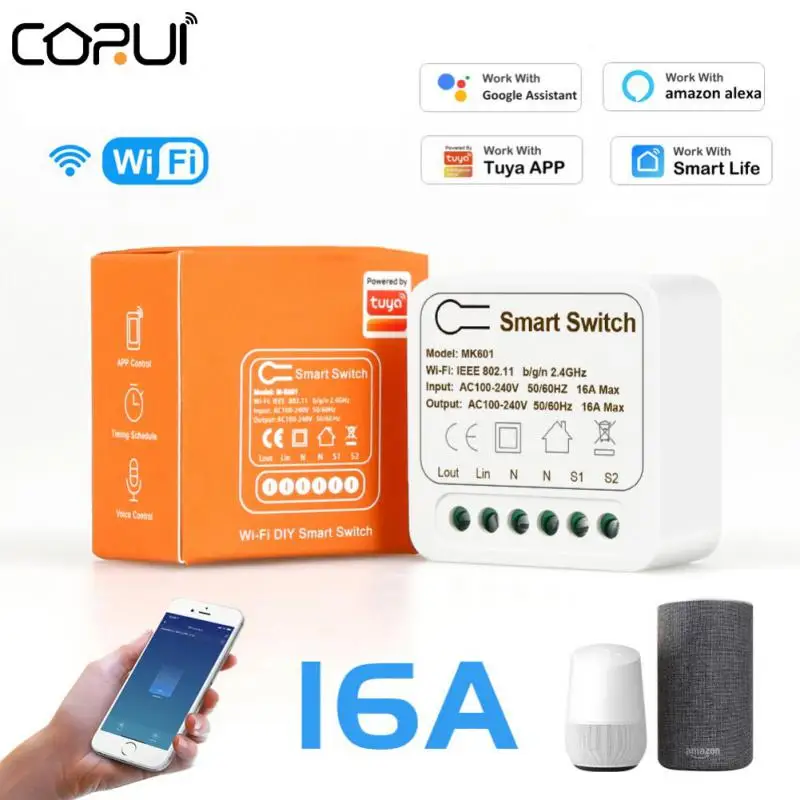 

10/16A Tuya MINI WiFi Smart Switch 2-way Control Wireless Switches Support Remote Voice Group Control With Alexa Google Home