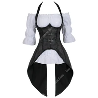 steampunk corset sleeveless women black gothic corset with white blouse top off shoulder plus size pirate corsets long straps