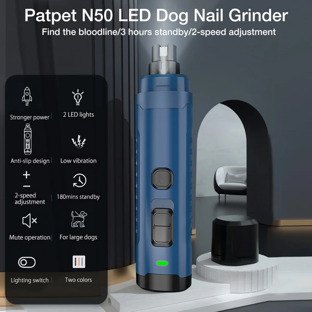 

2 LED Light 2-Speed Electric Dog Nail Grinder USB Rechargeable Pet Paw Painless Grooming Trimming for Pets Claw Nail Clipper