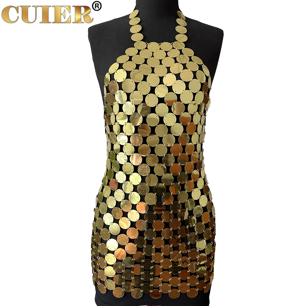 

CUIER Mini Dress Women Disco Skirt Gold Backless Glitter Sequin Sexy Nightclub Party Dresses Female Body Jewelry