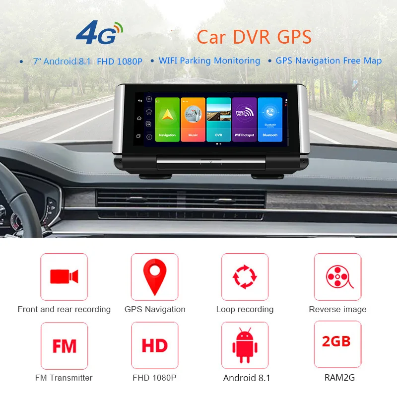 

Car 7 Inch 4G Android 8.1 Car DVR GPS 2G RAM FHD 1080P Video Recorder Dual Lens Dashboard Camera WiFi App Remote Monitoring