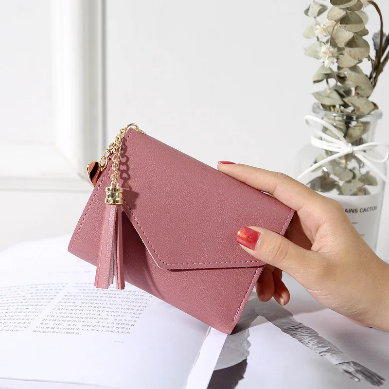 Women's Short Wallet Cute  Coin Purse Tassel Leaf Pendant Fashion Trend 3Fold PU Folding Small Portable Card Bag