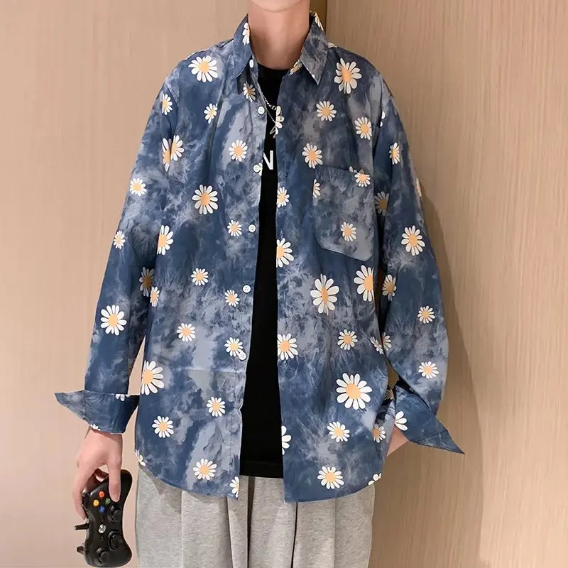 Sunflower Men's Shirt with Print Korean Clothes Fashion Shirts 2022 Man Slim Fit Social Casual Shirt Harajuku Long Sleeve Shirts