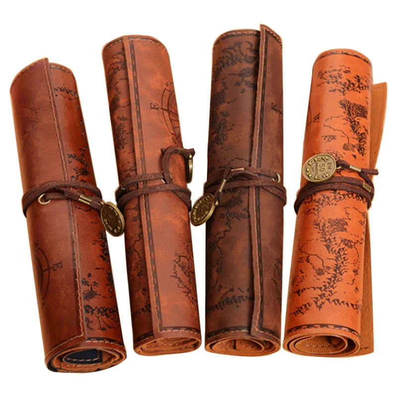 

N58E Creative Roll Up Leather Pencil Pouch Pirate Treasure Map Pattern Pen Case Makeup Brushes Holder for School Work Office