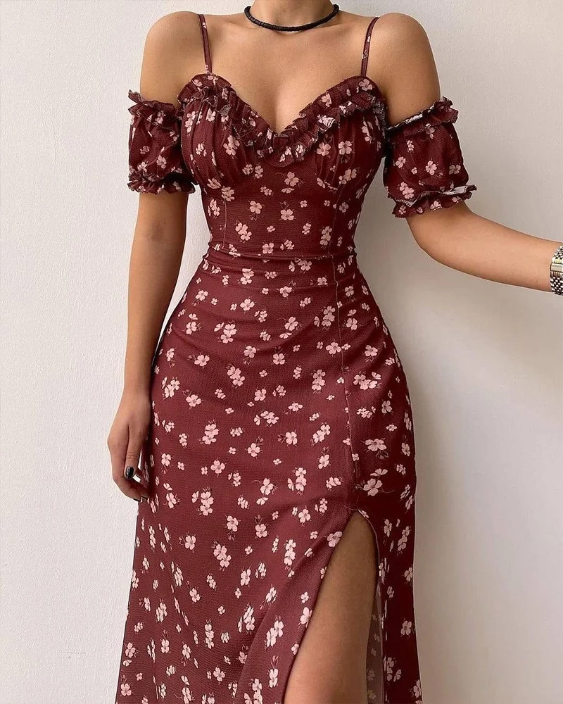 

2023 new elegant print dress, Women's Spring Women's Dress Printed Spliced Hanging Strap, Deep V Fragmented Flower Print Long D