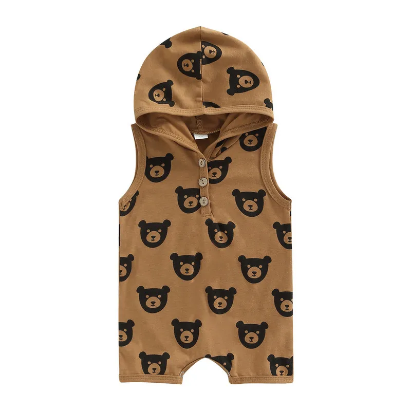 

Newborn Baby Boy Hooded Romper Summer Clothes 2023 Sleeveless Cartoon Bear Printed Jumpsuit for Kids Baby Items