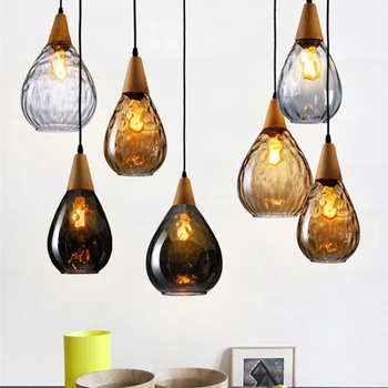 Water Drop Pendant Light Amber Gray Glass Shade Luminaire Industrial Light Vintage Wood LED Pendant Lamp Living Room Bedroom