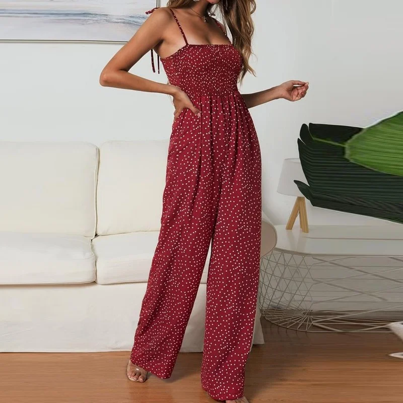 Womens Jumpsuit Spaghetti Beach Polka-dot Print Bow-knot Long Wide-leg Pants Jumpsuit 2021 Summer Boho Loose Red Indie Rompers
