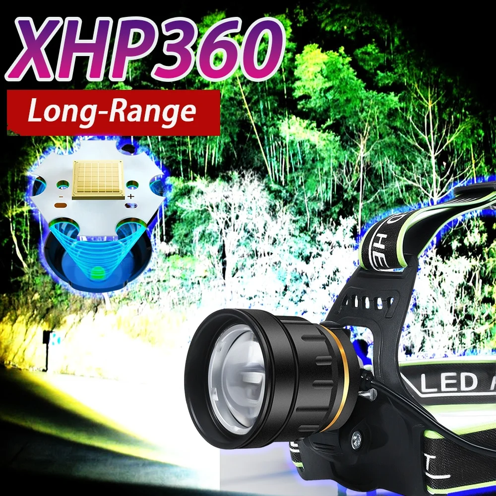 Фото Супер яркий налобный фонарь XHP360, светодиодные фонарики, 36-ядерный фитиль, телескопический зум, светильник для рыбалки, лампа для кемпинга №1