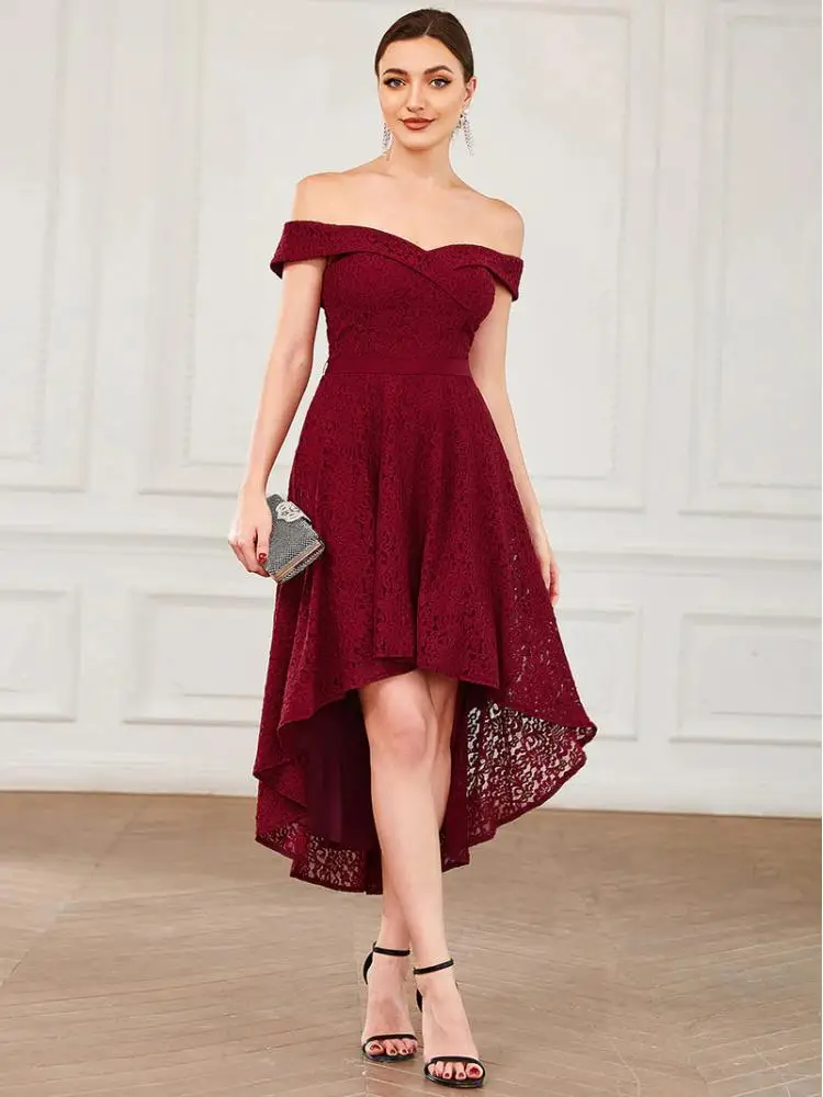 

Elegant Evening Dresses Long Off Shoulder Short Sleeve Asymmetrical Hem Knee Length Gown 2022 Ever Pretty of Prom Women Dress