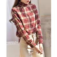 vintage printed button ruffles loose plaid shirt female clothing 2022 autumn winter new casual tops all match korean blouse