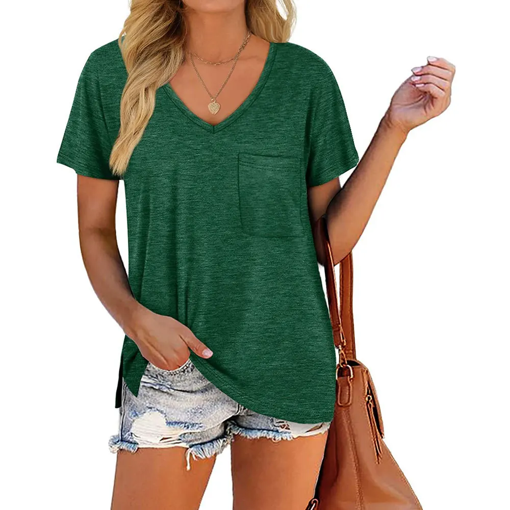 

2022 European and American Summer New Women's Top Solid Color V-neck Pocket Side Slit Round Neck Short Sleeve T-shirt