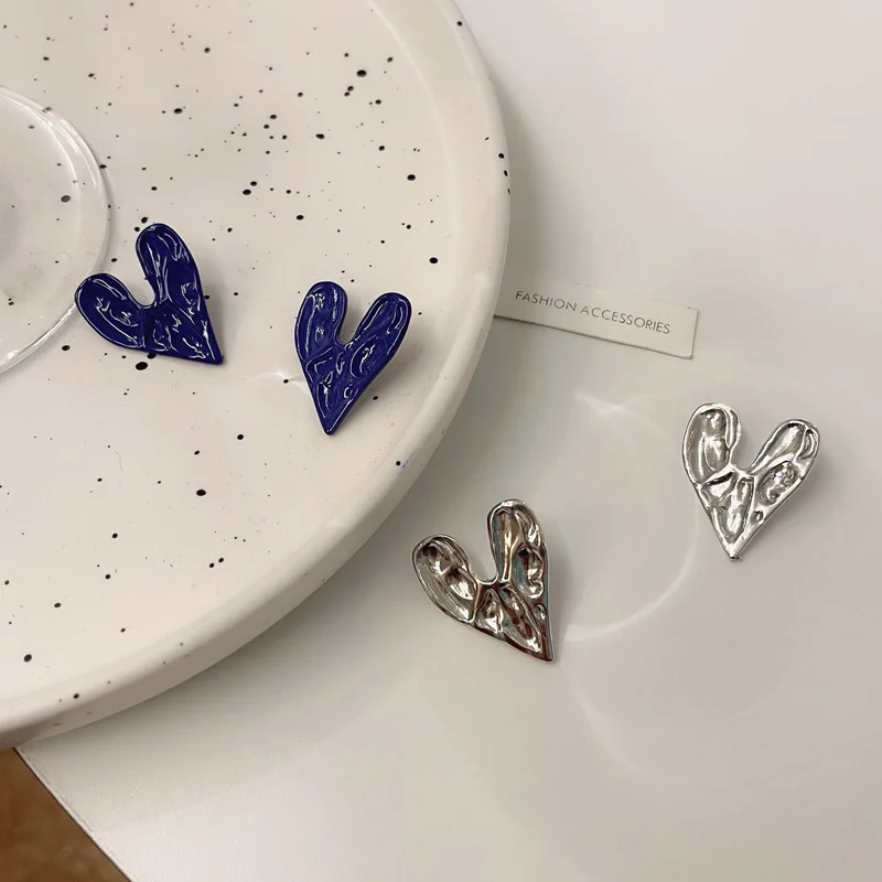 

New Temperament Hearts Simple Earings Studs Blue Hammered Big Korean Earrings Wholesale Lots Bulk